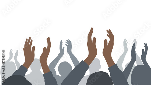 Illustration of Diverse Raised Hands Applauding in Unity, Celebrating Success and Teamwork in Silhouette on White Background