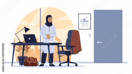 Muslim businesswoman in hijab standing at desk in office, confident and professional
