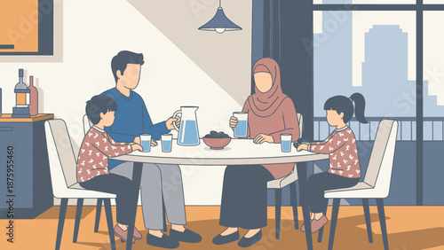 Family enjoying a meal together at a dining table, illustration in a modern home setting