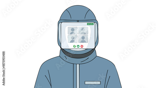 Illustration of a person in blue hazmat suit with face shield displaying video conference, safety communication concept