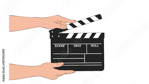 Illustration of hands holding black and white movie clapperboard, symbolizing filmmaking and video production tools on clear background