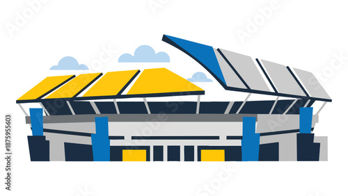 Modern sports stadium design featuring large yellow roof and blue structural elements against a bright sky