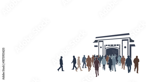 A diverse group of silhouettes walking towards a modern building entrance in a busy urban setting.