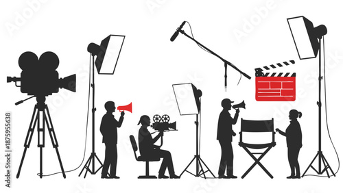 Film Production Set with Crew, Cameras, Lighting Equipment, and Clapperboard for Movie Making
