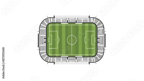 Aerial view of a modern soccer stadium featuring a vibrant green field and detailed seating arrangement.
