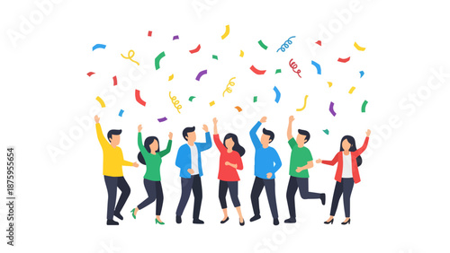 Celebrating people joyfully dancing under colorful confetti at a festive party gathering with vibrant expressions.