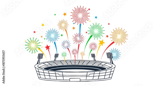 Vibrant fireworks bursting around a modern sports stadium for celebration and event marketing purposes