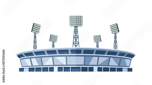 Modern sports stadium illustration featuring bright floodlights and a sleek architectural design