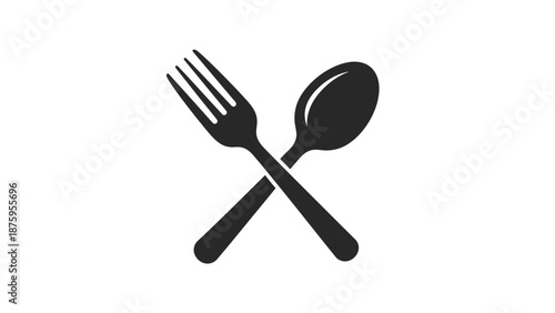 Black silhouette of crossed fork and spoon utensils on white background.