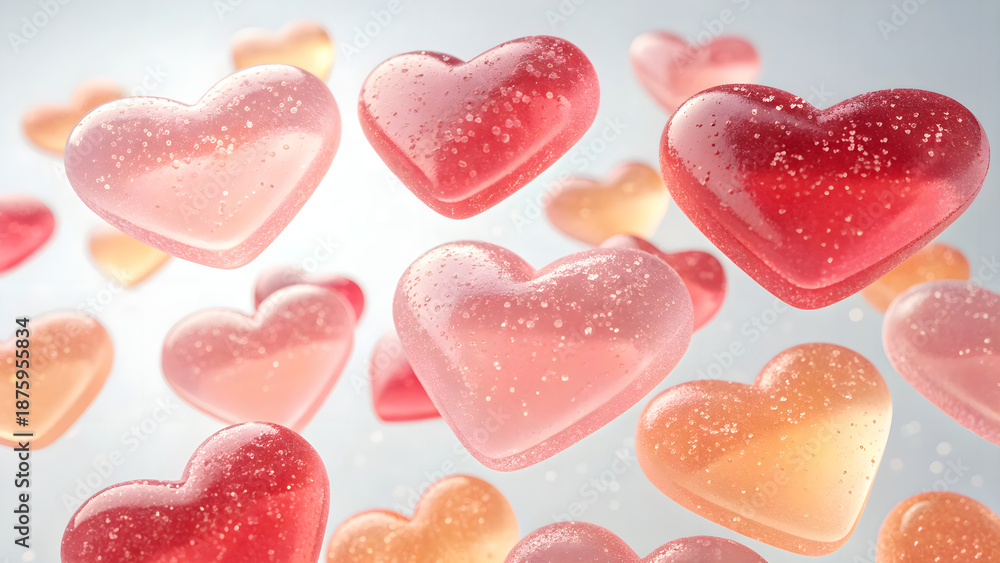 Fototapeta premium Translucent Jelly Hearts 3D. Playful 3D jelly heart shapes with soft translucent glow, ideal for Valentine digital ads, romantic promotions, and cheerful branding visuals.