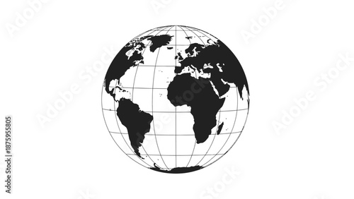 Black and white illustration of a globe showing continents and longitude latitude lines.