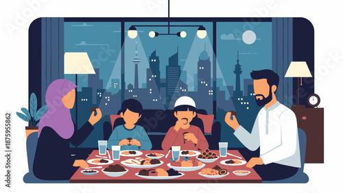 Muslim family breaking fast together during the evening, enjoying an iftar meal with city skyline view