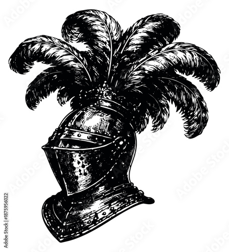 Hand drawn line art illustration of a knight helmet depicting a plume of feathers for historical designs