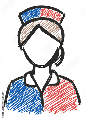 Hand drawn line art illustration of a nurse depicting a professional in a red and blue uniform for medical and public services