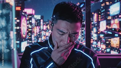 Working in a Neon City Night Scene with Futuristic Glow and Focused Expression