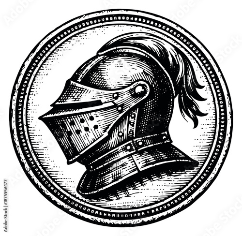 Engraving style illustration of a knight's helmet in a circular frame depicting historical armor for medieval designs