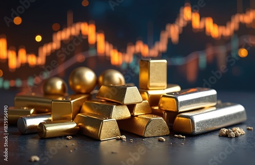 Gold bars and spheres piled together against a blurred stock market graph background. Shiny precious metals symbolize wealth investment and financial growth. © miss irine