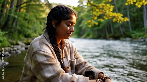Relaxing Outdoor Moment by Riverbank with Girl Sitting on Rock