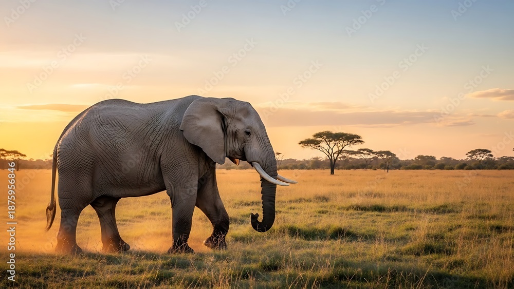 Fototapeta premium Majestic African Elephant Walks Through Savannah at Golden Hour with Acacia Trees in Background