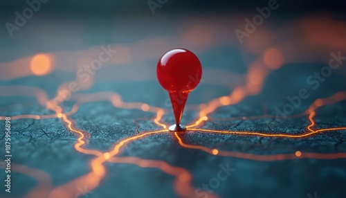 Red map pin marks specific point on glowing street grid. This abstract digital image visualizes urban navigation planning and destination discovery. Illuminated lines create striking pathway.