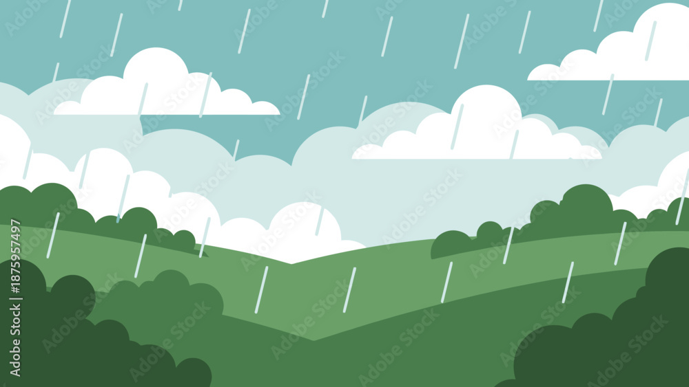 Naklejka premium Rainy landscape with green hills and white clouds.