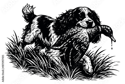 Hand drawn line art illustration of a hunting dog depicting it carrying a retrieved duck through tall grass for game hunting designs