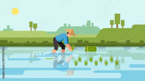 Farmer Working in the Rice Paddy Field.