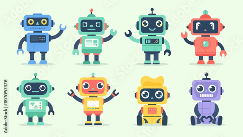 Colorful cartoon robots with various designs and expressions.