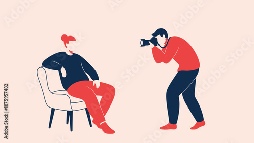 Photographer capturing a man sitting on a chair in a studio setting.