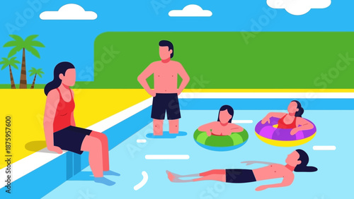 Group of people enjoying a relaxing day at the swimming pool together.