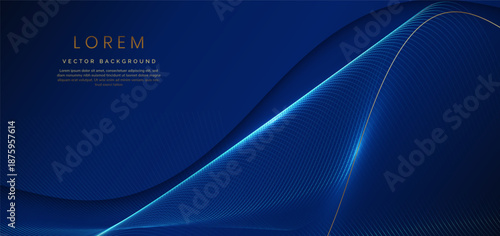 Luxury Abstract Dark Blue Background with Glowing Curved Lines and Golden Accent