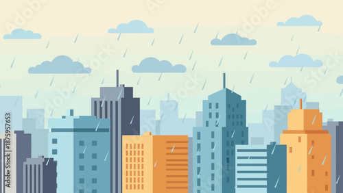 Cityscape with Rainy Weather and Modern Buildings.
