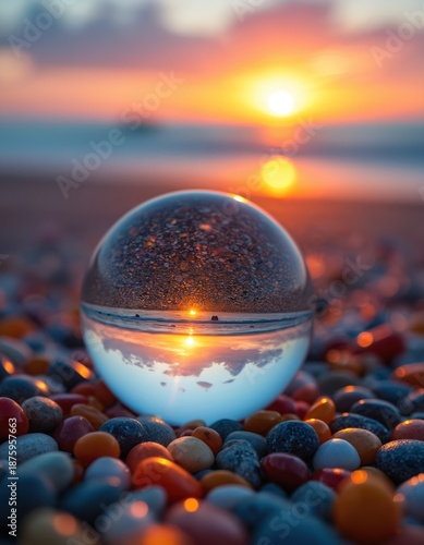 Crystal ball reflects vibrant sunset on beach pebbles. Ocean horizon and colorful sky form peaceful scene. Light glows on smooth stones, calming sea view.