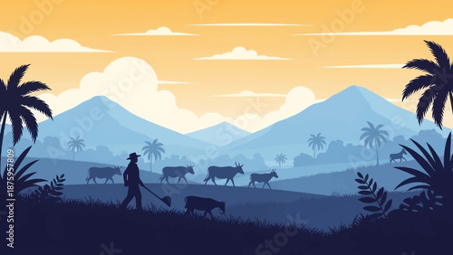 Farmer herding cattle in a serene landscape at sunset.