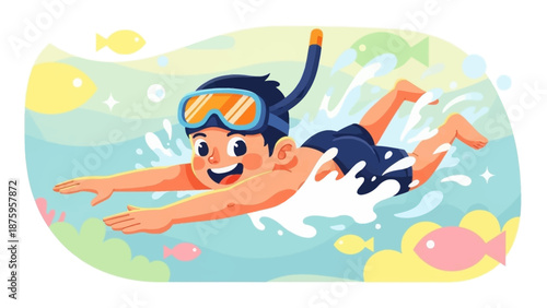 Young boy snorkeling in the ocean with colorful fish.