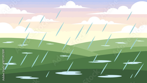 Rainy landscape with rolling hills and cloudy sky.