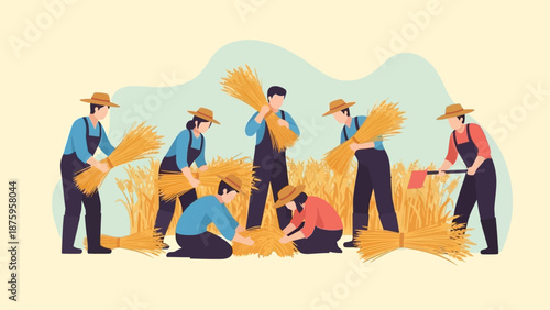 Group of farmers harvesting wheat in a field together.