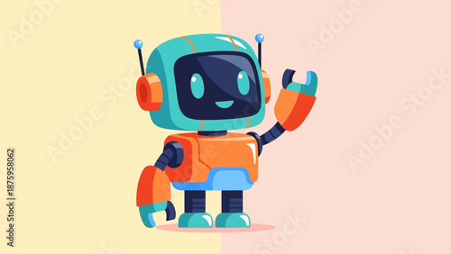 A cartoon robot character with headphones and a friendly gesture.