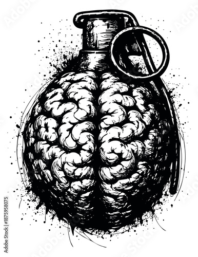 Grunge hand drawn line art illustration of a brain grenade depicting an explosive idea for concepts of mental power and danger