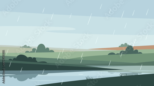 Rainy landscape with river and trees in a serene natural setting.