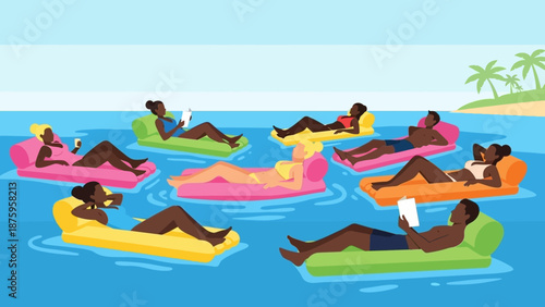 Group of people relaxing on colorful inflatable rafts in the ocean.