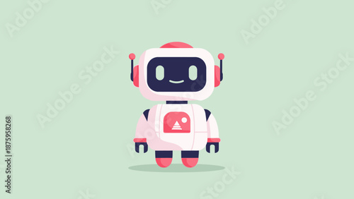Adorable cartoon robot with headphones on light green background.