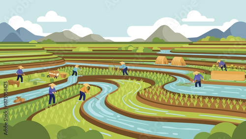 Agricultural landscape with farmers working in terraced fields and waterways.