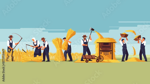 Farmers harvesting and processing grain in a field.