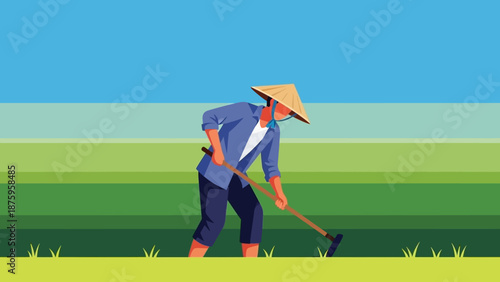 Farmer working in the field with a hoe under a clear blue sky.