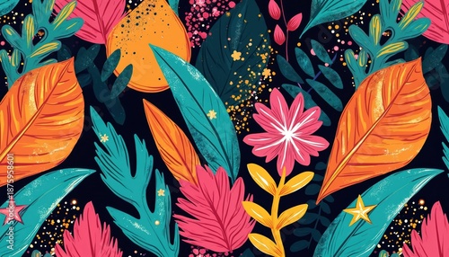 Colorful abstract jungle leaves and flowers pattern with bright energetic splashes and dots on dark background. Exotic tropical nature design elements for creative projects.