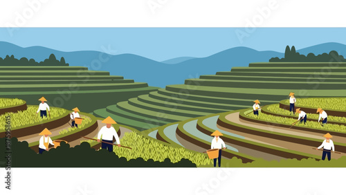 Farmers working in terraced fields with lush green crops and mountains in the background.