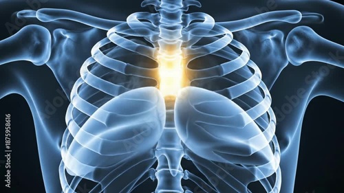 Medical X-ray of Human Chest Rib Cage and Spine with Glowing Center.