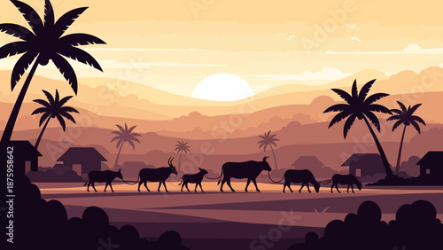 Serene African Savannah Landscape with Cattle at Sunset.