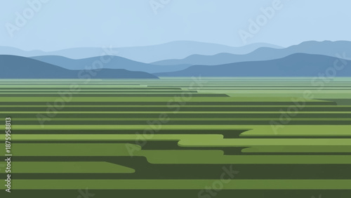 Serene landscape with layered green fields and distant mountains.